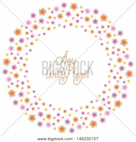 Cute background pattern border frame with many repeating different sized autumn flowers isolated on the white fond. With space for invitations or different events greeting cards text. Vector illustration eps 10