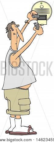 Illustration of a man in shorts and T-shirt installing a 9 volt battery in a smoke detector.