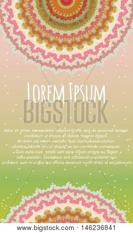 Vector placard, flyer. Geometric mandala on pink and green background.