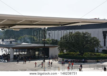FATIMA, PORTUGAL - AUG 24: Sanctuary of Fatima in Portugal, as seen on Aug 24, 2016. It consists of a tall centralized bell-tower and nave, 213 ft in height, decorated by a 15,000 lb crown of bronze.