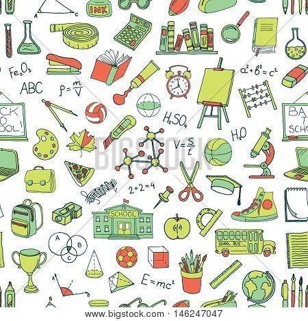 Seamless pattern with hand drawn school elements. Vector illustration.