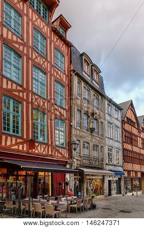 Street in historical center of Rouen with half-timbered houses France