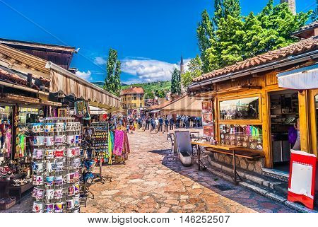 View at main street Bascarsija in Sarajevo, capital town of Bosnia and Herzegovina, Europe.