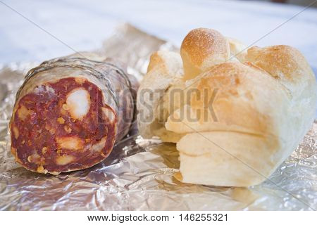 fast snack with soppressata salami and roll bread