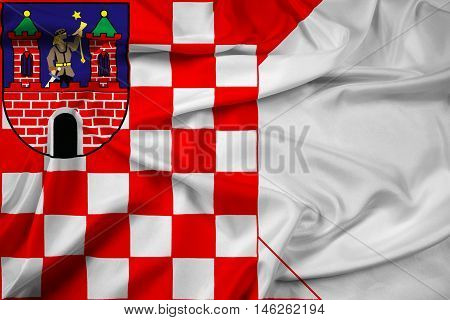 Waving Flag of Kalisz Poland, with beautiful satin background. 3D illustration