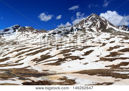 Alpine Mountain Corno Dei Tre Signori And Snowfield In Stelvio National Park, Italy