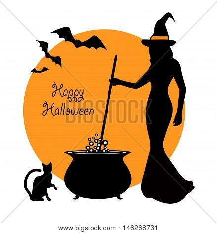 beautiful witch prevents potion in a cauldron. Sitting next to a witch and black cat flying bats