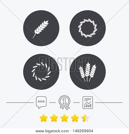 Agricultural icons. Gluten free or No gluten signs. Wreath of Wheat corn symbol. Chat, award medal and report linear icons. Star vote ranking. Vector