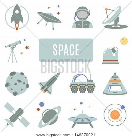 Set of vector icons. Space planet astronaut spaceship satellite