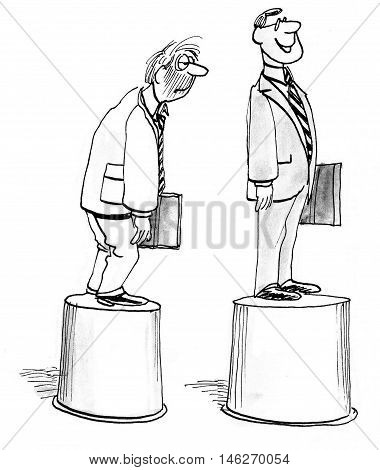 B&W, full body, business illustration showing a slumping businessman and a proud, smiling businessman.