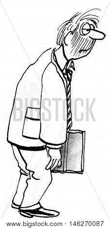 B&W full-body illustration of slumped, tired, businessman.