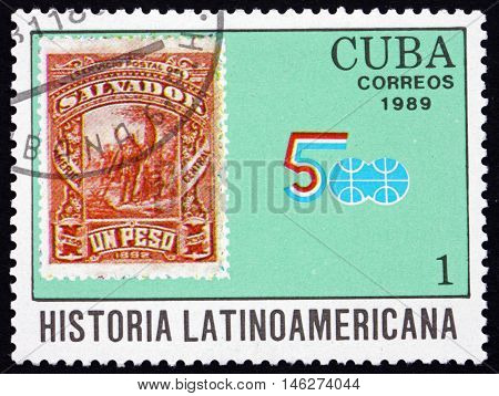 CUBA - CIRCA 1989: a stamp printed in Cuba shows Salvador Stamp and Discovery of America Anniversary Emblem 500th Anniversary circa 1989