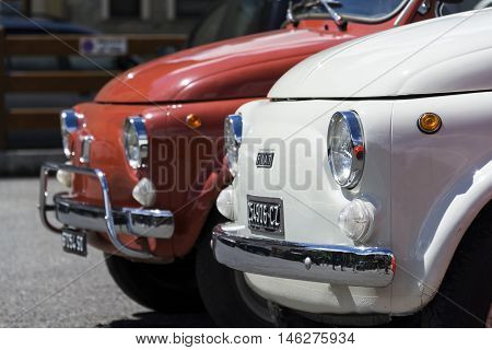 Livigno, Italy - August 1: Detail Of The Fiat 500 Car Standing On Street On 1 August 2016 In Livigno