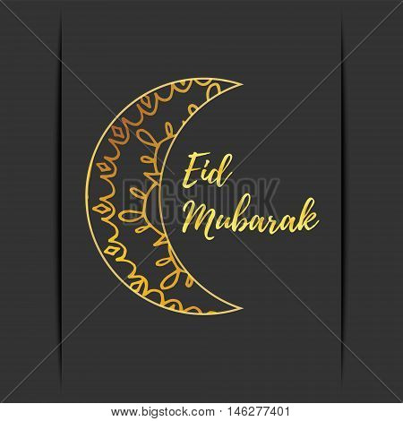 Greeting card of Eid Mubarak holiday. Golden moon on dark background. Vector illustration