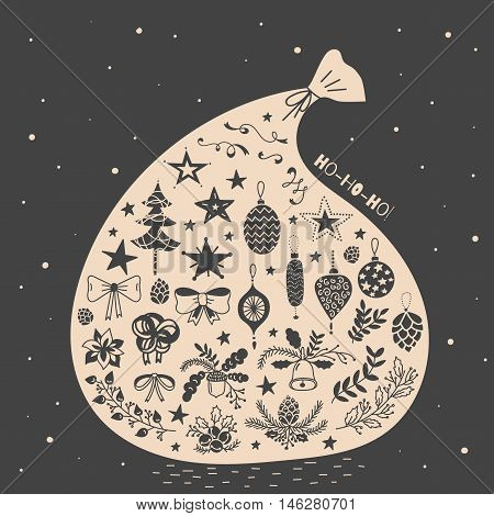 Vector illustration of magic Santa gift bag with christmas icons set. Spruce, bows, oak and fir branches, bells, pinecones, stars, acorns, snowflakes, hohoho sign. Black and beige, vintage style