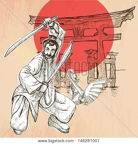 An Japan warrior with the swords Shinto sign and white paper origami swan. Freehand sketching line drawing. An hand drawn vector illustration. Line art technique.