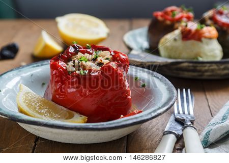 Gemista, Stuffed tomatos and peppers with rice peunuts and prunes. Close view