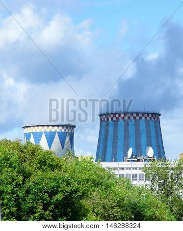 Towers of CHP in the city. Central Heating and Power Plant.