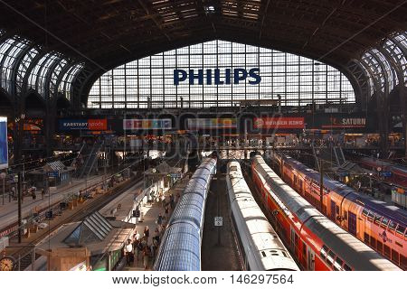 HAMBURG, GERMANY - AUG 25: Hauptbahnhof in Hamburg, Germany, as seen on Aug 25, 2016. It is the main railway station in the city, the busiest in the country and the second busiest in Europe.