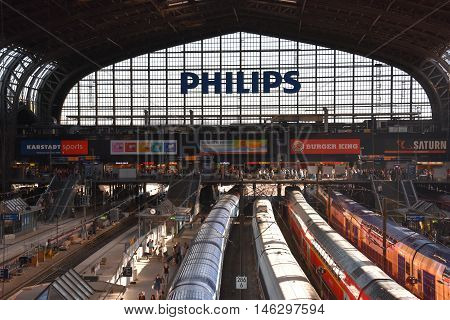 HAMBURG, GERMANY - AUG 25: Hauptbahnhof in Hamburg, Germany, as seen on Aug 25, 2016. It is the main railway station in the city, the busiest in the country and the second busiest in Europe.