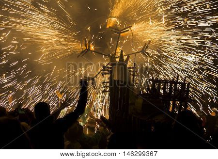 Great participation of people at a reenactment of the Ripatransone fire horse. Italy.