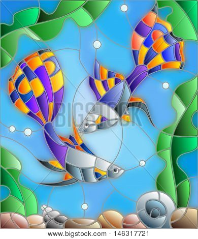 Illustration in stained glass style with a pair of guppies on the background of water and algae