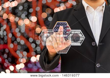 business man select USA side on bokeh background for use to create photo concept - can use to display or montage product