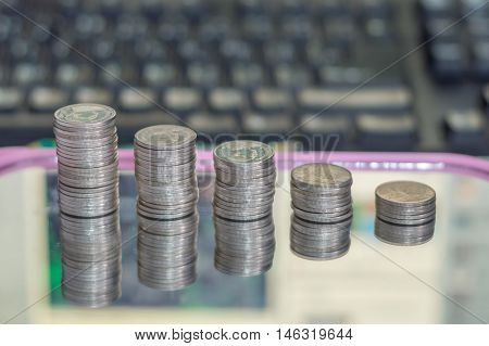 Investment Concept, Coins, Graph Stock Market Background, Thai Money For Business.