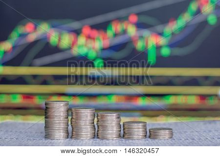 Investment Concept, Coins, Graph Stock Market Background, Thai Money For Business.