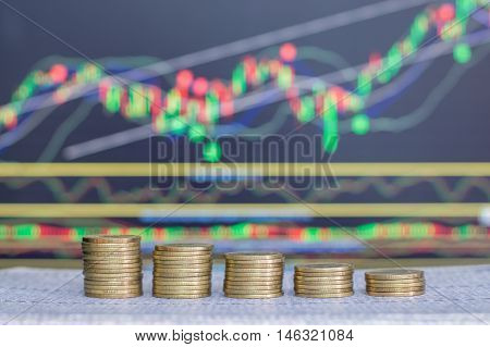 Investment Concept, Coins, Graph Stock Market Background, Thai Money For Business.