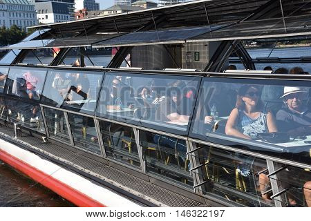 HAMBURG, GERMANY - AUG 26: Boats on Lake Alster in Hamburg, Germany, as seen on Aug 26, 2016. Hamburg was founded at the mouth of Alster river in the 9th century and has been used as a port since.