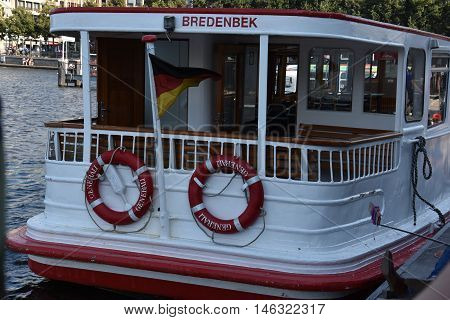 HAMBURG, GERMANY - AUG 26: Boats on Lake Alster in Hamburg, Germany, as seen on Aug 26, 2016. Hamburg was founded at the mouth of Alster river in the 9th century and has been used as a port since.