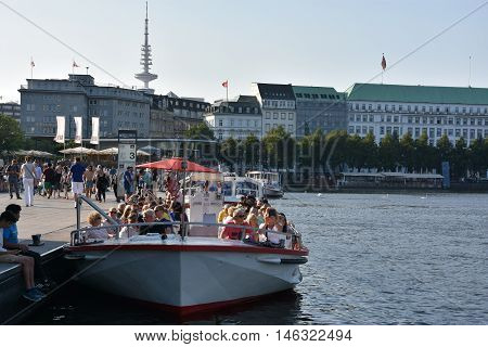 HAMBURG, GERMANY - AUG 26: Boats on Lake Alster in Hamburg, Germany, as seen on Aug 26, 2016. Hamburg was founded at the mouth of Alster river in the 9th century and has been used as a port since.