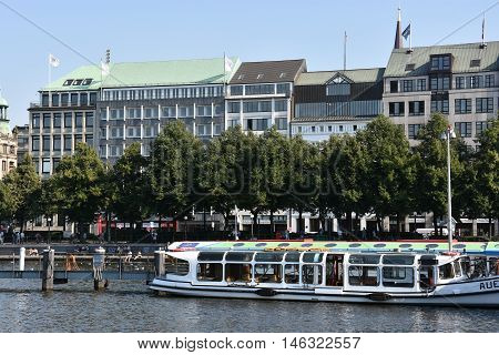 HAMBURG, GERMANY - AUG 26: Boats on Lake Alster in Hamburg, Germany, as seen on Aug 26, 2016. Hamburg was founded at the mouth of Alster river in the 9th century and has been used as a port since.
