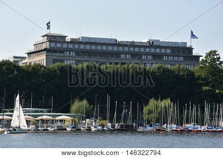HAMBURG, GERMANY - AUG 26: Sailboats on Lake Alster in Hamburg, Germany, as seen on Aug 26, 2016. Hamburg was founded at the mouth of Alster river in the 9th century and has been used as a port since.