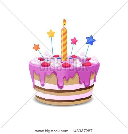 Birthday cake vector. Sweet cream pie with candles on white vackground vector illustration