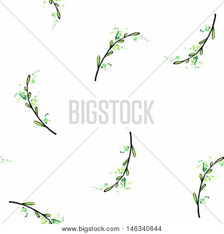 seamess pattern with hand drawn green leaves, background with ink and watercolor drawing plants and paint stains
