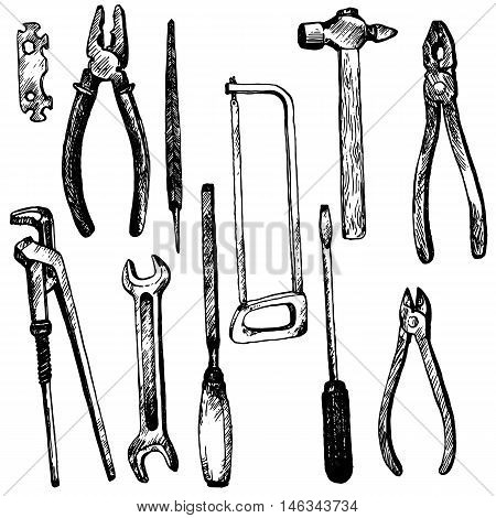 hand drawn tool kit isolated at white background, screwdriwer, saw and pliers, hummer and wrench, vintage ink drawing vector illustration