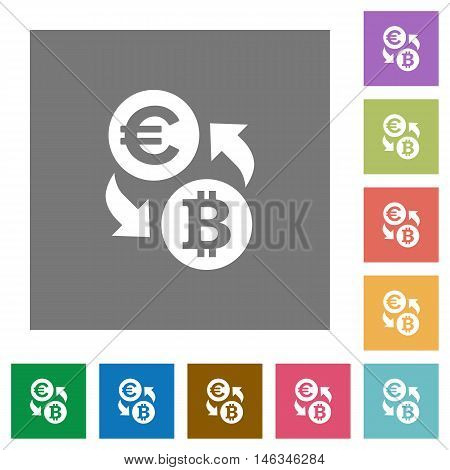 Euro Bitcoin exchange flat icon set on color square background.