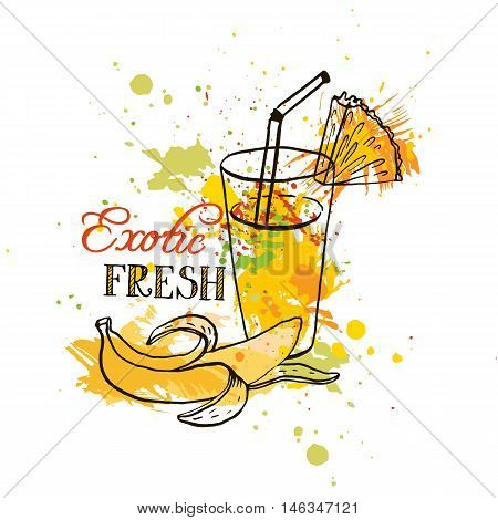 hand drawn tropical juice in glass, exotic fresh, fruit smoothie, banana and pineapple beverage, ink drawing vector elements