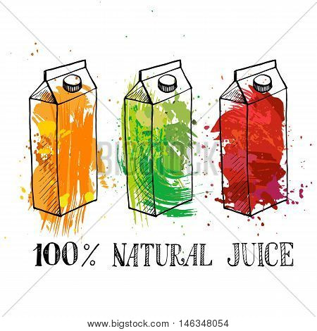 set of different color carton boxes with natural fresh fruit juice, hand drawn vector illustration