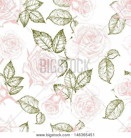 Vector seamless patern of roses. Hand drawn engraved vintage illustration. Good for wrapping papper shop textile greeting card design fashion celebration. Floral background.