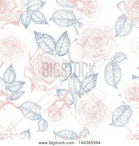 Vector seamless patern of roses. Hand drawn engraved vintage illustration. Good for wrapping papper shop textile greeting card design fashion celebration. Floral background.