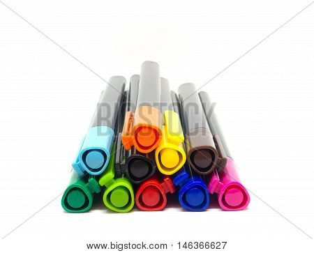 Colorful pens on white background focus all