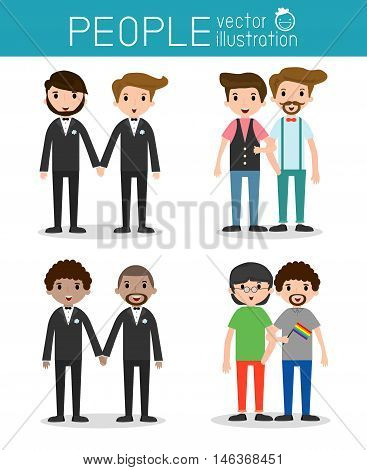 oving gay male couple on their wedding day and casual clothes, Vector Illustration