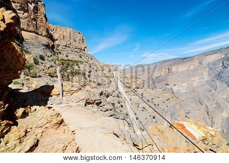 In Oman  The Old Mountain Gorge And Canyon The Deep Cloudy  Sky