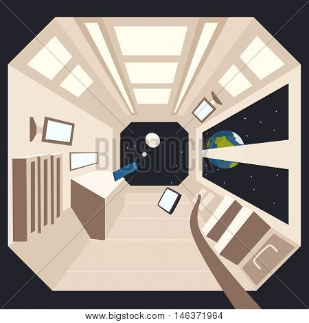 Rocket in space. Vector cartoon illustration. Interstellar spaceship. Interior of spacecraft