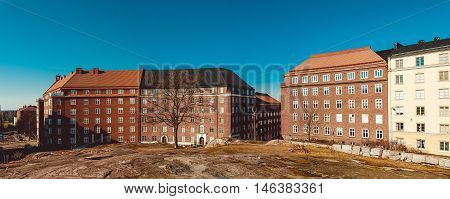 Panoramic view of the buildings and houses from the top of Temppeliaukio Church in Helsinki Finland.