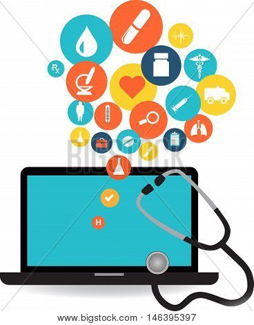Laptop with Blue screen with colorful medical application icons. Health medical icons collection