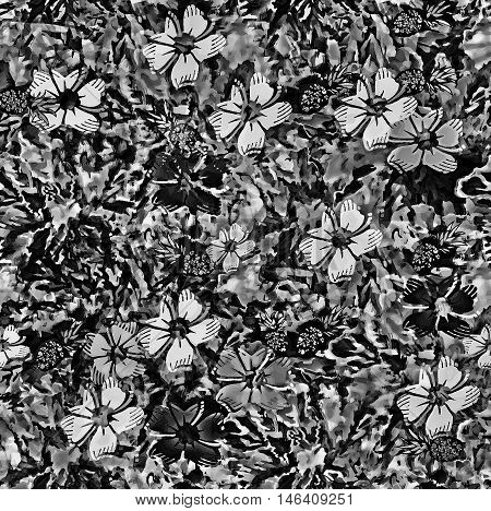 flower black and white, grey color floral seamless pattern